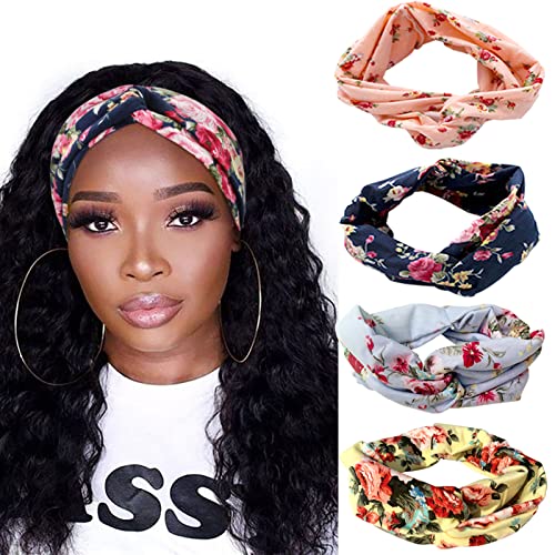Image of DRESHOW 4 Pack Boho Headbands for Women Girls Yoga Criss Cross Knot Hairbands Vintage Flower Headwraps