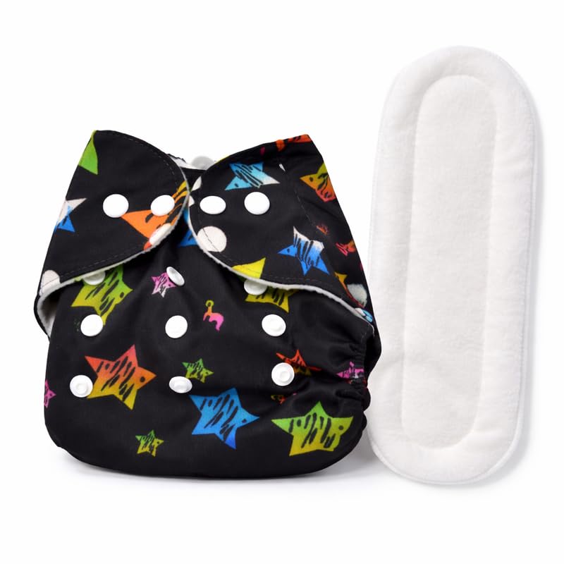 Leakage-Proof Star Printed Reusable Baby Cloth Diapers With 5 Layer Insert Pad | Adjustable, High Absorbent | 1 Washable Diaper With 1 White Insert Pad | 0 to 24 Months | Black, Pack of 1-image-8