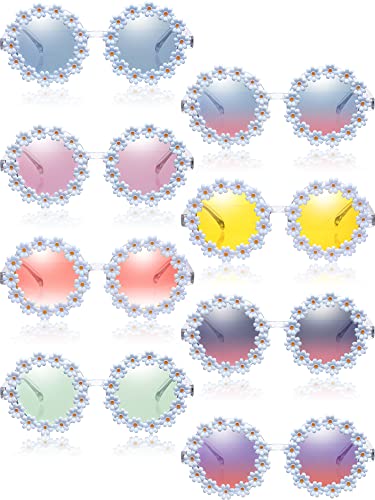 Maitys 8 Pairs Daisy Sunglasses Disco Festival Sunglasses Fun Flower Sunglasses for Women Retro Floral Round Shape Sunglasses