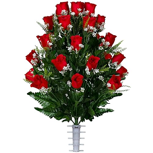 Sympathy Silks Artificial Cemetery Flowers - Mothers Day Memorial Flowers - Outdoor Grave Flower Decorations - 30 Stems Ruby Red Roses
