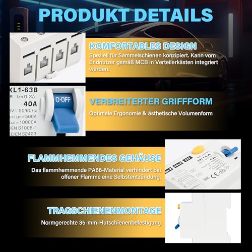 Warmfay® FI Schutzschalter Typ B 40A 30mA 4 Polig, VDE Zertifizierung Fehlerstromschutzschalter RCD Allstromsensitiver Schalter Automat Sicherun für Wallboxen Ladestationen, DIN Hutschiene Montage