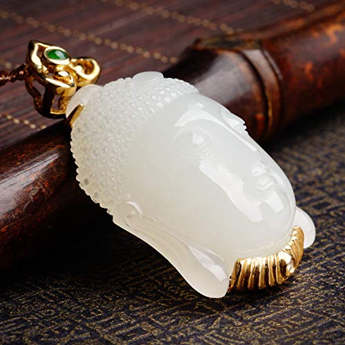 Natürliche Hotan Jade Buddha Kopf Anhänger weibliche 18K Gold weiße Jade Halskette