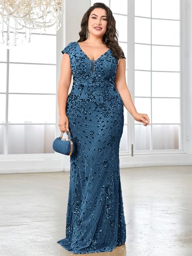 Image of Plus Size Womens Sequined Long Evening Gown Glamous Sleeveless V-Neck Mermaid Prom Dress for Wedding Party