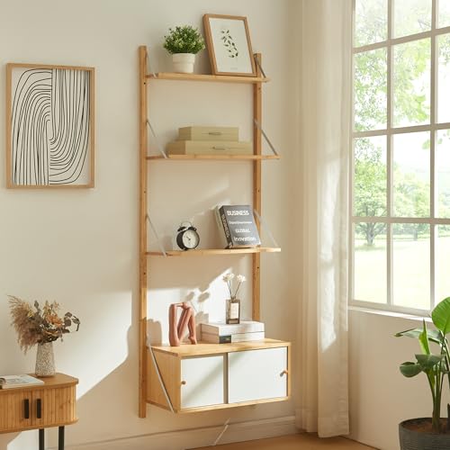 [en.casa] Étagère Murale Style Scandinave avec 2 Tablettes et Placard à 2 Portes Coulissantes Élements Réglables en Hauteur avec Trous Prépercés Bambou...