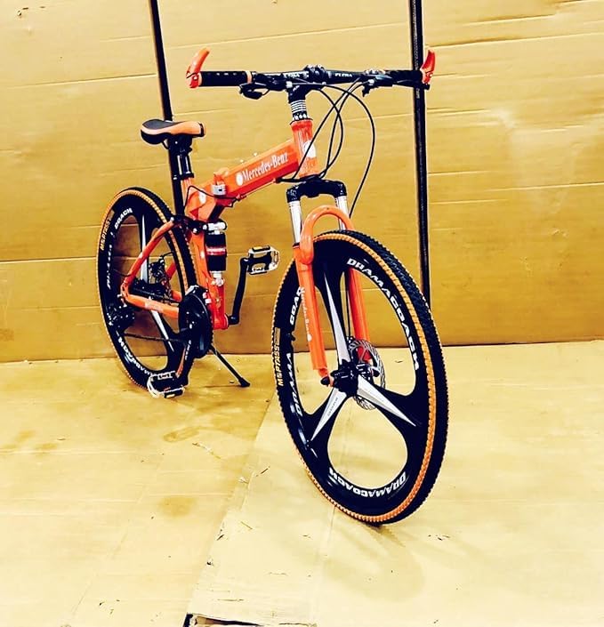 Image of Amaze Kai Dual Suspension Bikes Bm Foldable Gear Cycle for Men with 21 Speed Gear 6 Spoke | Folding Mountain Bike with Double Disc Break & Mac Wheel, 26 Inch, White N Black (Orange)