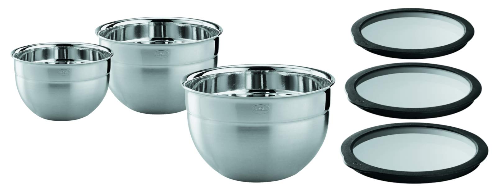 RÖSLE Schüssel-Set 3-tlg. Groß und RÖSLE Frischhaltedeckel (Ø 16, 20, 24 cm), Hochwertige, formschöne, aus Edelstahl zur Zubereitung und Aufbewahrung von Speisen, spülmaschinengeeignet