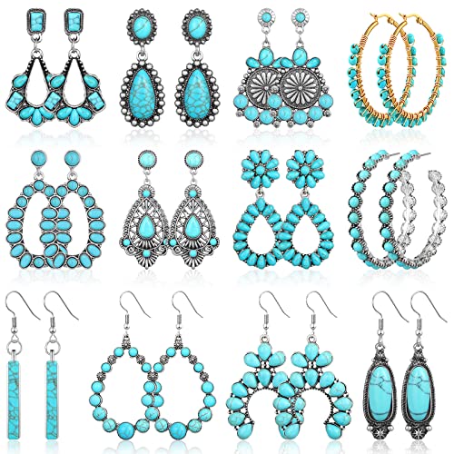 12 Pairs Turquoise Earring Set for Women Turquoise Bohemian Dangle Stud Earrings Round Metal Earrings Boho Vintage Oval Earring Metal for Jewelry