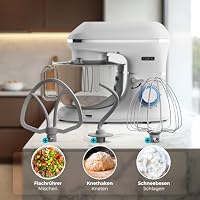 Küchenmaschine - 2000W - Edelstahl Rührschüssel (6,2 L) - Knetmaschine mit Rührhaken, Knethaken, Schlagbesen und Spritzschutz - Inkl. zusätzlichem Zubehör - Silber – Ansicht 3