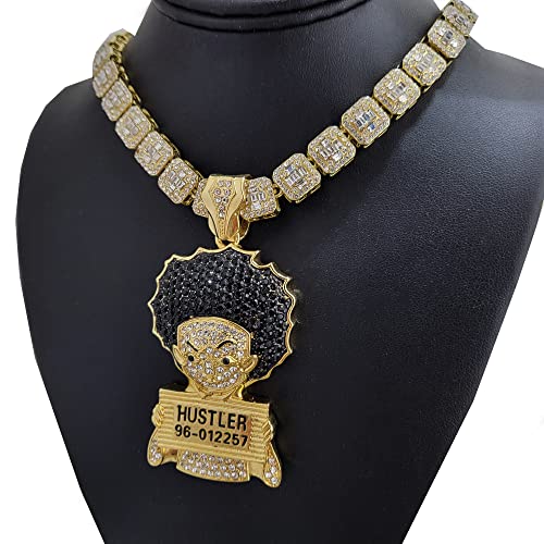 Hip Hop Jewelry Gold plated Large HUEY HUSTLER Charm Pendant & 12mm 16" 18" 20" Iced Baguette Chain Necklace3