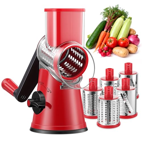 Image of GDL Rotary Cheese Grater Hand Crank with 5 Interchangeable Blades - Upgraded Cheese Shredder Featuring Strong Suction Base for Cheese Shredding, Wavy Slicing, Nut Grinding, Ice Shaving