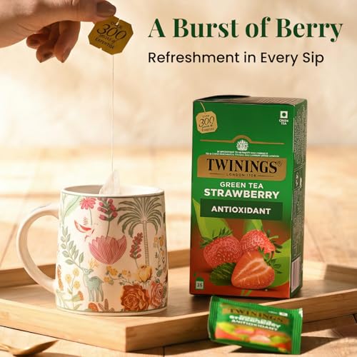 Image of Twinings Green Tea & Strawberry, 25 Tea Bags| Pack of 1| Perfectly Balanced & Refreshing Taste| Light, Fruity Flavour| Low Calorie| Handpicked Green Tea Leaves| Enjoy as Hot or Iced Tea