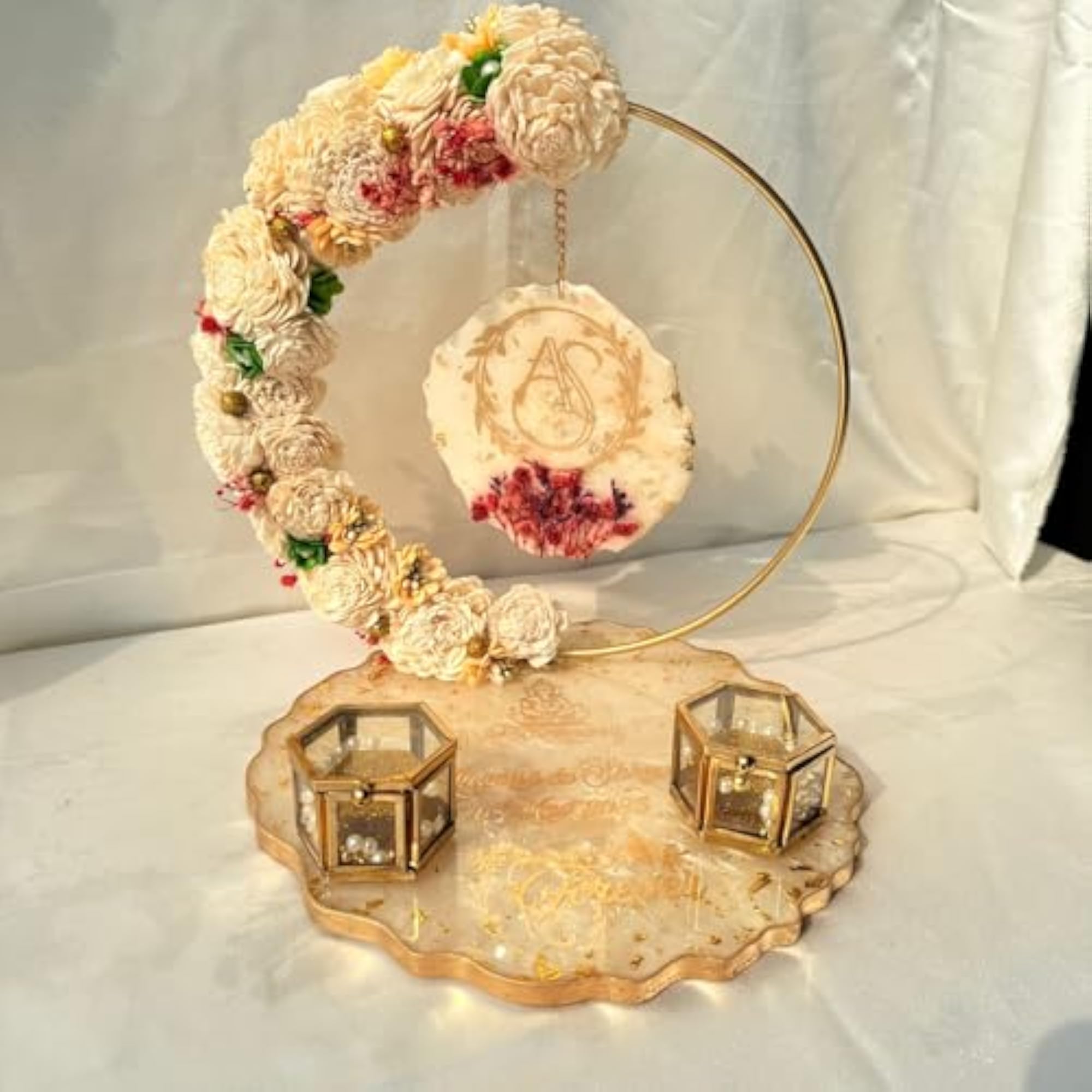 Personalized Floral Hoop Engagement Ring Tray with Custom Name & Date