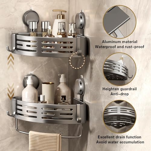 Image of VOLPONE Shower Caddy Corner Suction Cup Shower Shelf Corner No Drilling Bathroom Shower Organizer Storage Rack Adhesive (1-Pack, gray)