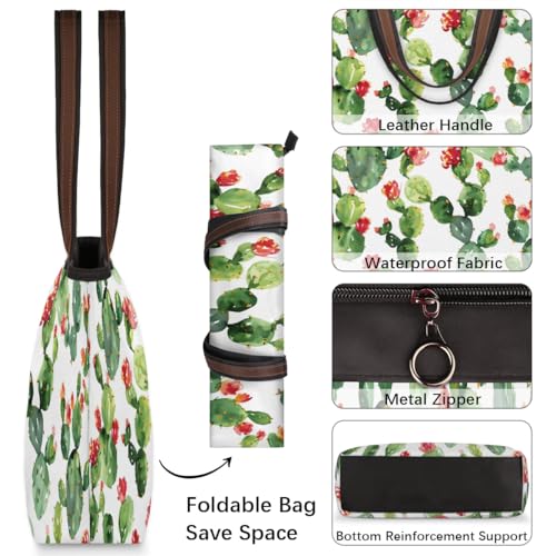 Large Tote Bag For Women Cactus Flower Spring Work Cloth Bags With Zipper Reusable Grocery Hand Bags Casual Travel Overnight Tote Purses Fit Travel,Work, Vacation,Beach, Shopping,Gifts4