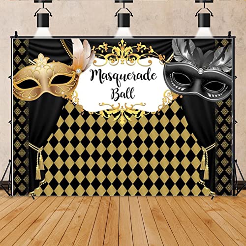 Masquerade Ball Photography Backdrop Dance for Party Decorations Black and Gold Masks Photo Background Dress-up Photo Booth 7×5 feet Vinyl Backdrop