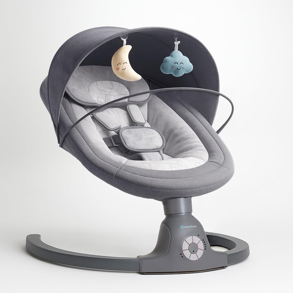 BEBE2LUXE AVA, Sdraietta dondolo automatico per neonato fino a 9 kg, Altalena Eletrica con Melodie, Telecomando,Timer, silenzioso (Grigio)
