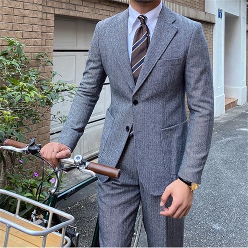 Mens 2 Pieces Tweed Herringbone Suit 2 Bottons Blazer Business Wedding Jacket Pants Tuxedo Set4