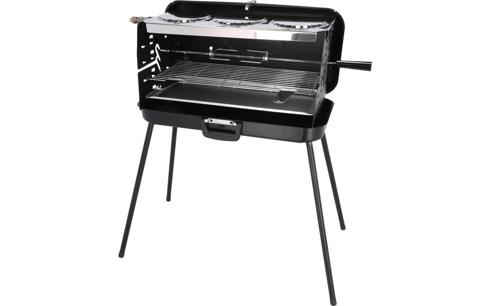 BERGER Camping Gasgrill Klappbar | Tragbarer Koffergrill mit 3 Brenner | 50 mbar für schnelles Kochen | 3 Kochstellen & ein Grillspieß inklusive | Windgeschützter Camping & Balkon Grill