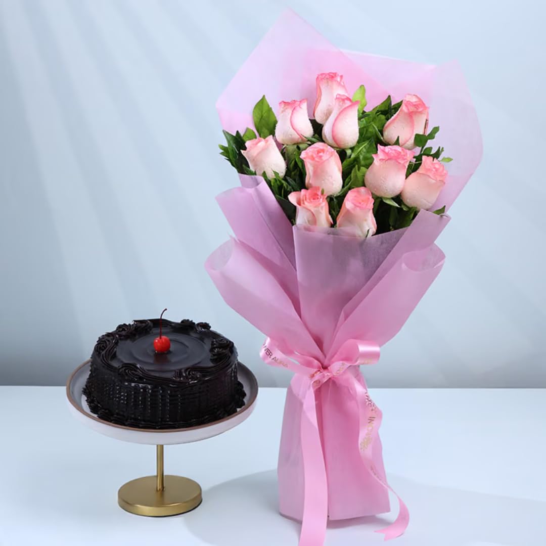 FlowerAura Premium Gift Combo of Fresh Live 0.5Kg Chocolate Truffle Cake & 10 Pink Roses Flower Bouquet For Birthday | Anniversary | Love | Fathers Day | Mothers Day Gift For Mom (Same Day Delivery)-image-14