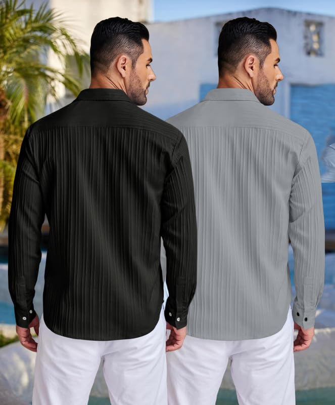 Image of FINIVO FASHION Men's Cotton Blend Shirt Set Lightweight, Full Sleeves, Plain Texture, Button Closure, Summer Ready (Pack of 2)
