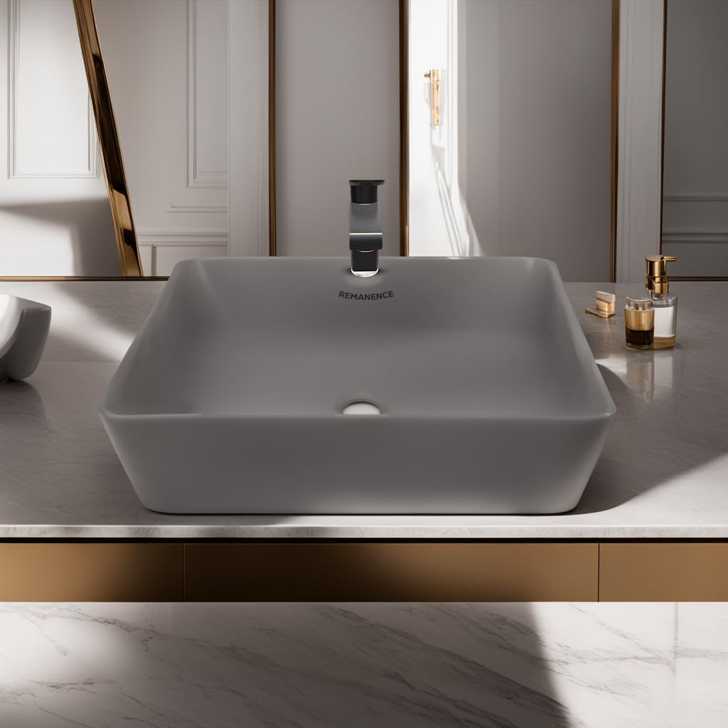REMANENCE Wash Basin Countertop | Tabletop Vessel Sink Ceramic Bathroom Sink | Wash Basin Over Counter | Countertop Basin For Bathroom (Matte Grey Basin) (B0CK5MWYMY) Amazon Price History, Amazon Price Tracker