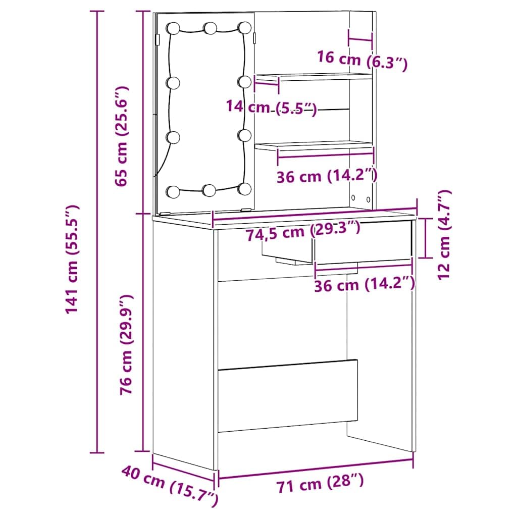 Schminktisch Schwarz Eichen-Optik Holzwerkstoff mit LED Beleuchtung und Flachspiegel 74,5 x 40 x 141 cm, Stauraum mit Schublade und Regal für Schlafzimmer, Makeup, Pflege und Organizer