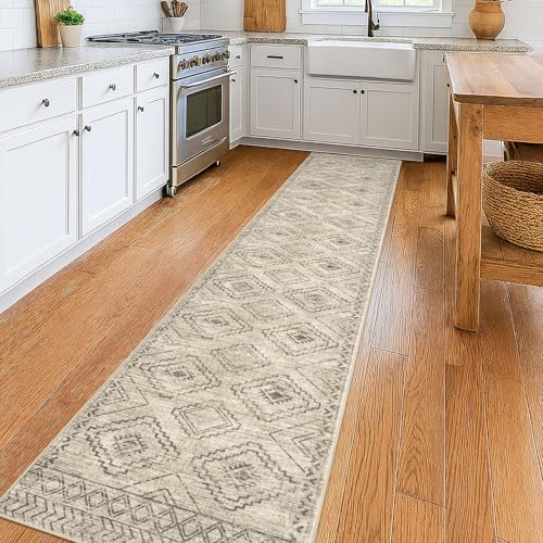 KILOCOCO Hallway Runner Rug 2'x10' Runners for Hallways Washable Runner Rug Non Slip Rubber Backed Low-Pile Runners for Bedroom Kitchen Living Room Laundry Room Boho Rugs, Beige/Gray/Green