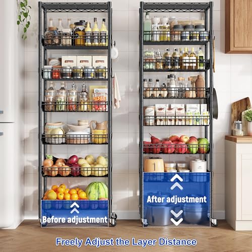 Image of DurayLoly 7-Tier Basket Shelf Wire Shelving Unit with Wheels, Adjustable Storage Shelves with Hooks, 72 inch H x 24 inch W x 14 inch D Pantry Shelves for Kitchen, Bathroom, Closet & Small Spaces, Black