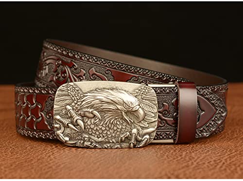 Men's Genuine Leather Ratchet Adjustable Belt 3D Eagle Sliding Buckle Vintage Leather Engraved Dress Casual Belt3