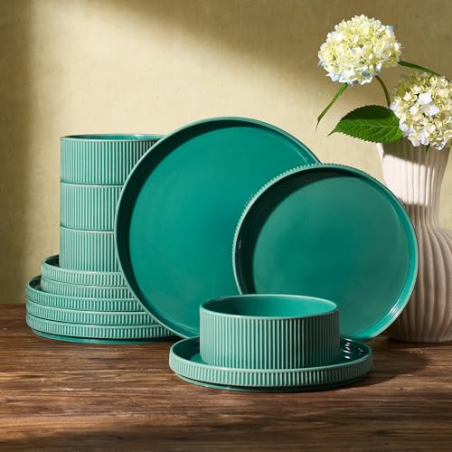 Image of Famiware Ceramic Plates and Bowls Set, Dinnerware Sets, Ribbed Dishes for 4 | 12-Piece Stoneware Dishware, Lipped Edges, Chip & Scratch Resistant, Microwave & Dishwasher Safe, Everyday Use, Sage Green
