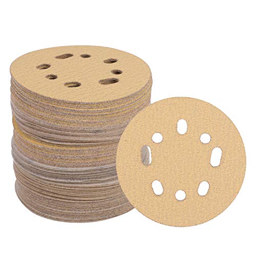 PLATINUMEDGE 5 Inch 8 Hole Gold Sanding Discs Hook and Loop Sanding Discs for Random Orbital Sander,60 80 100 120 150 220 Grits Assorted Grits Sandpaper - 120 Pack