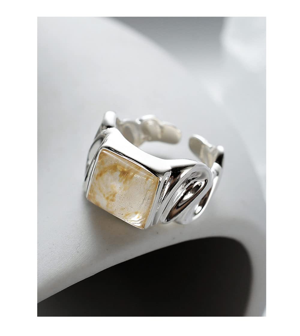 HGJH Anelli d'Argento,Anello Grosso Regolabile per Donna Quadrato in Pietra Naturale Argento Sterling 925 Irregolarità Nocche Anelli Matrimonio Gioielli Eterni Regali per Ragazze Signore