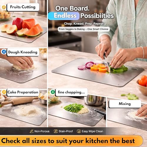 Image of Premium Stainless Steel Chopping Board | Large Rectangle Cutting Board 31cm x 22.5cm with Anit-Slip Gripping Mat | for Cutting Vegetables, Fruits, Meat | Reversible (M, Rectangular)