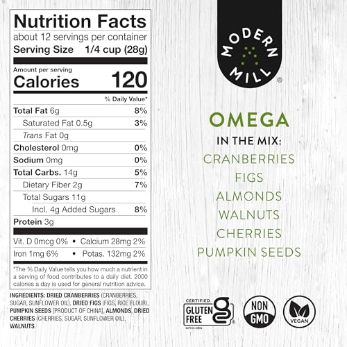 Image of Modern Mill Omega Mixed Salad Topper By Gourmet Nut - Dried Cranberries, Figs, Roasted Sliced Almonds, Walnuts, Cherries & Pumpkin Seeds - Gluten Free, Kosher, Vegan Snack Mix - 12 oz Resealable Bag