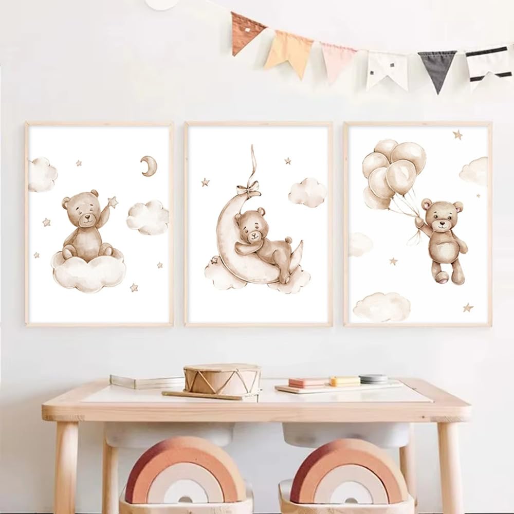 3 Affiche Ourson Chambre Bebe 30x40cm Poster Mural Enfant Garcon Nounours Nuage Ballon Tableau Chambre Bébé Beige Toile Decoration Murale Fille Cadeau sans Cadre (BOGC025-30X40)