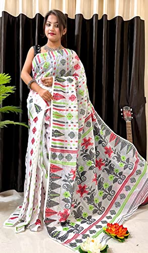 Sari indio algodón jamdani phulkari dhaka mujer musulmana blanco 5.5 mtrs 3