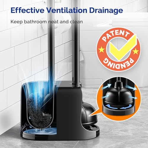 Image of HAMITOR Toilet Plunger Bowl Brush Combo：Heavy Duty Rubber for Drain Clog Remover - Curved Design Bristles for Deep Cleaning Under Rim - Compact Bathroom Cleaning Tools for New Homet Essentials - Black