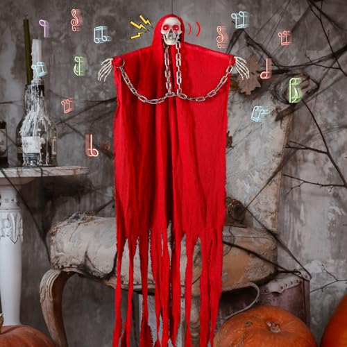 Halloween Decoration Outdoor, Red Skull Hanging Decor with Light-Up Eyes, Sound-Activated Screaming Ghost, Indoor/Outdoor Scary Decor for Haunted House, Yard, Tree, Patio