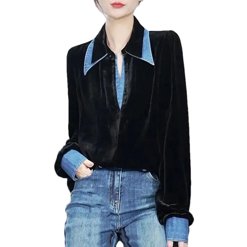 Hgvcfcv Camicia da donna a maniche lunghe dritta casual tinta unita denim impiombato camicetta colletto rovesciato