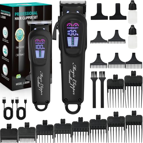 Cortapelos profesional para hombre, juego de cortadora de pelo y recortadora inalámbrica, kit de cortadora de pelo para hombre con hoja de cerámica, pantalla LED, doble velocidad, recargable por USB