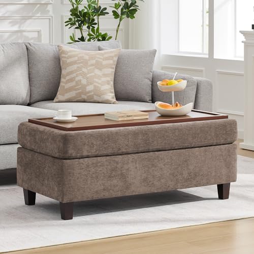 45 Inch Large Storage Ottoman Bench with Wooden Tray Coffee Table Brown Chenille Upholstered Foot Rest Multifunctional Foot Stool Ottoman for Living Room Bedroom & Entryway Solid Wood Legs