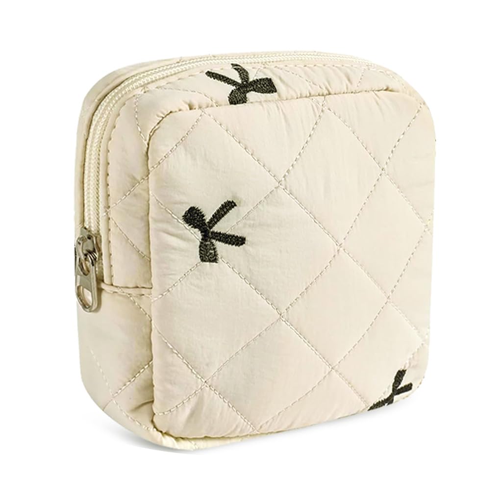MAYCREATE® Quilted Cosmetic Bag Sanitary Pad Organizer Pouch 14×14cm, Zippered Mini Makeup Bag with Bow Print, Padded Soft Zipper Pouch for Pads, Makeups & Travel Essentials-image-27