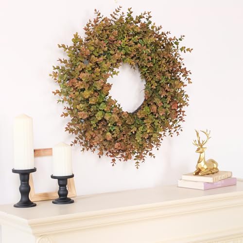 Image of 26 inch Large Fake Eucalyptus Fall Wreath for Front Door Decor(Orange-Green) | Artificial Outdoor Wreath, UV and Water Resistant, for Porch /Window /Wall /Farmhouse /Home /Thanksgiving Day /Autumn Decor