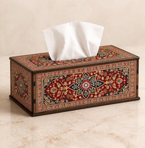 Image of Wooden Tissue Box Holder with Royal Persian Heritage Print Premium Decorative Tissue Case for Home, Office & Luxury Decor Durable MDF Build (6.5 x 5 x 3 Inch)