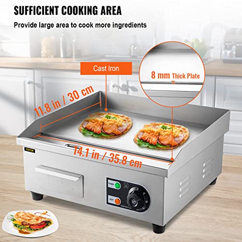VEVOR Electric Countertop Griddle, 14-Inch, 1500W Grill with Adjustable Temperature Control 122°F-572°F, Non-Stick Commercial Restaurant Grill, 110V Stainless Steel Flat Top Grill - Image 4