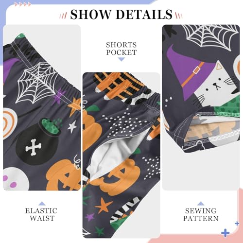 Halloween Cat with Witch Hat Boys Long Pants Soft Trousers Elastic Waist Kids Lounge Bottoms with Pockets S-XL4