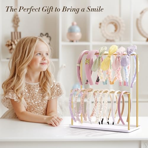 Headband Holder Organizer Metal 2-Tier with Tray: Hair Accessories Display Stand Storage Hairband Rack Necklace Stand Home Bedroom for Girls Women, Gold4