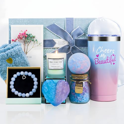 Gift Basket,Get Well Soon Gifts for Women,Relaxing Spa Gift Basket Set,Birthday Gifts for Women,Gift Basket Set for Mom Sister Best Friend Teacher Nurse Cowoker,Blue and Pink Gift Basket