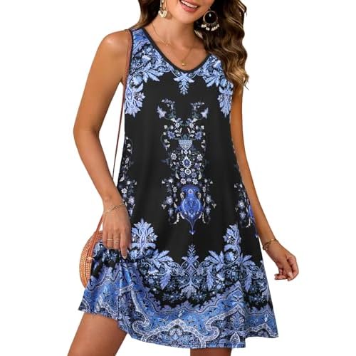 CHICGAL Womens Summer Dresses Casual Sleeveless Loose T Shirt V Neck Sundress Swing Beach Cover Up with Pockets Small Blue Boho