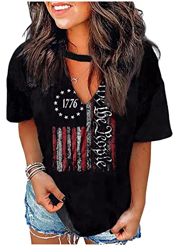 American Flag Shirts Women 4th of July V-Neck Short Sleeve Patriotic T-Shirt Color Block Short Sleeve Summer Tops
